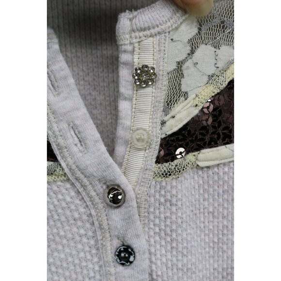 Free People Oatmeal Waffle Knit Long Sleeve Tunic-Sequins-Mix Match Buttons-Med. - Picture 4 of 10